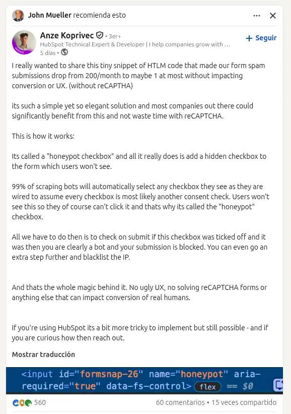 Post de LinkedIn sobre Honeypot