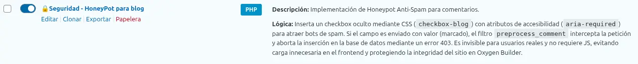Activando el snippet en WordPress